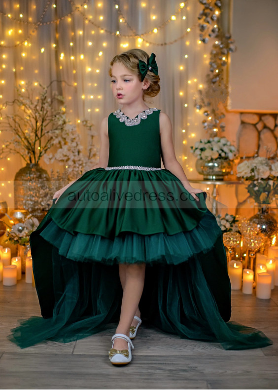 Beaded Green Satin Tulle High Low Princess Flower Girl Dress